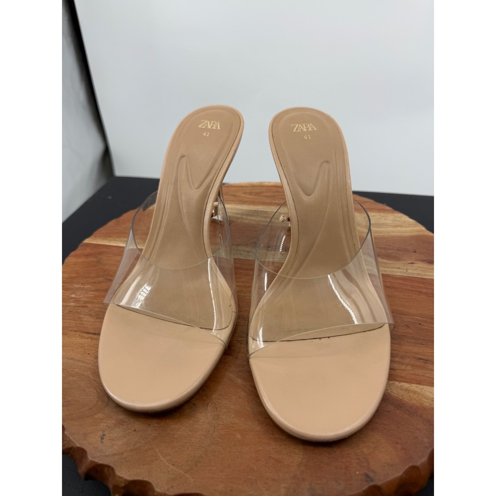 Zara Vinyl Heeled Mules Women 41 Tan Clear Architectural Strap Sandals 3314/110 - Picture 3 of 10